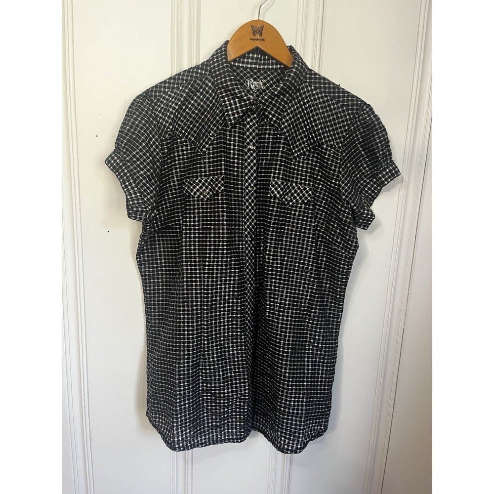 Wrangler Rock by 47 Women's Button up Top Size XL Plaid Bead Work Black White